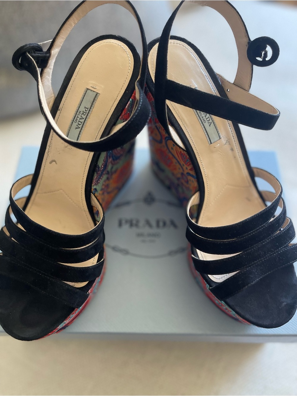 Prada Multicolor Brocade Platform Wedge Sandals Black Straps EU 40 With Box - Picture 3 of 5